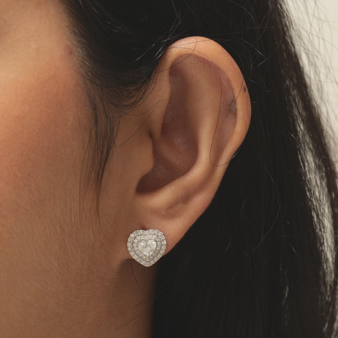 Heart Diamond Halo Stud Earrings, 14k Solid Gold, Natural Diamonds, Solitaire Statement Studs, Love Minimalistic Earrings, Certified Jewelry