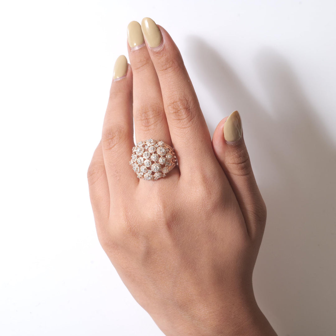 Floral Dome Diamond Ring, 14k Solid Gold, Natural Diamonds, Cocktail Cluster Ring, Honeycomb Statement Ring, Certified Jewelry