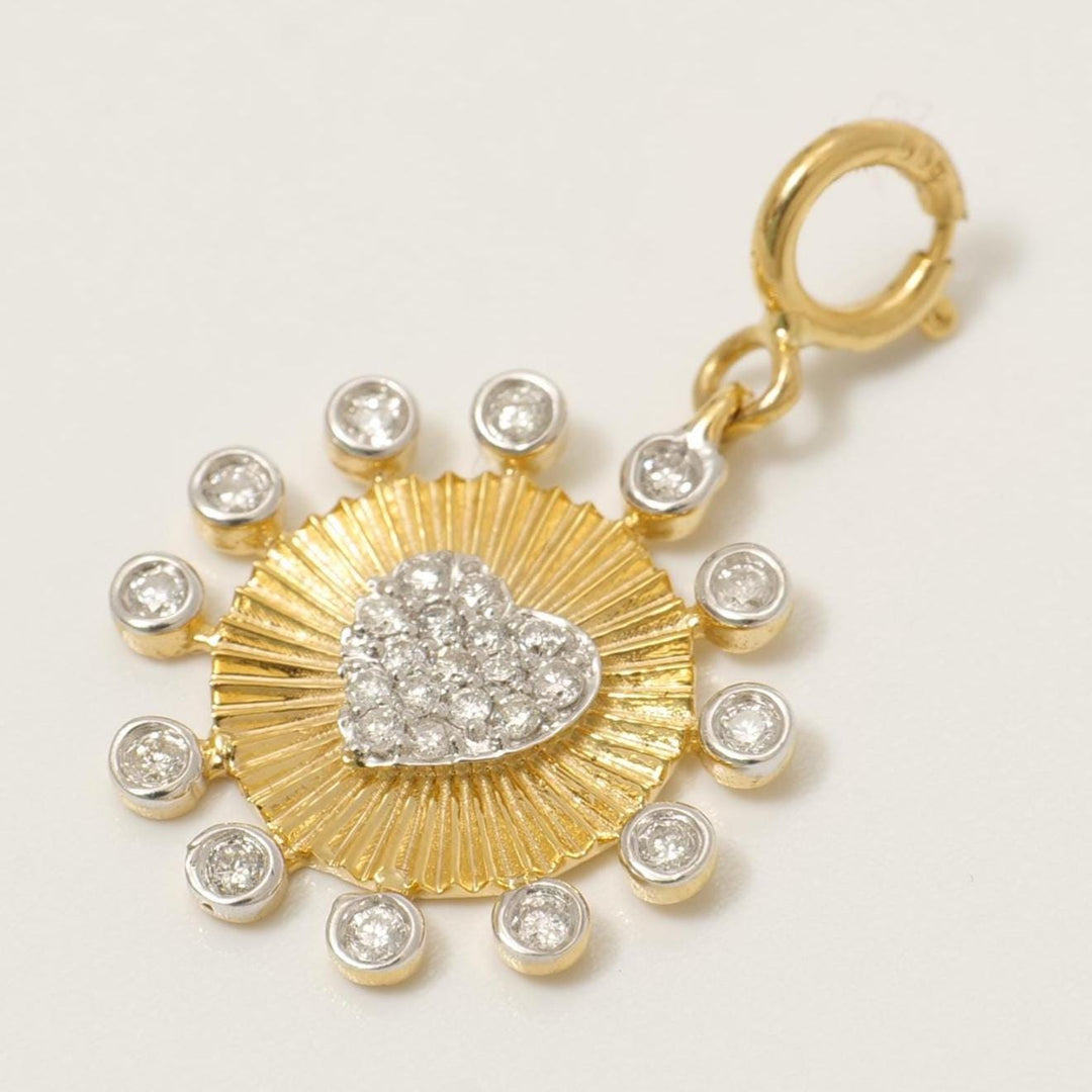 Heart Medallion Bezel Charm, 14k Solid Gold, Natural Diamond, Layering Pendant, Two Tone Sunburst Necklace, Ready To Ship, Certified Jewelry