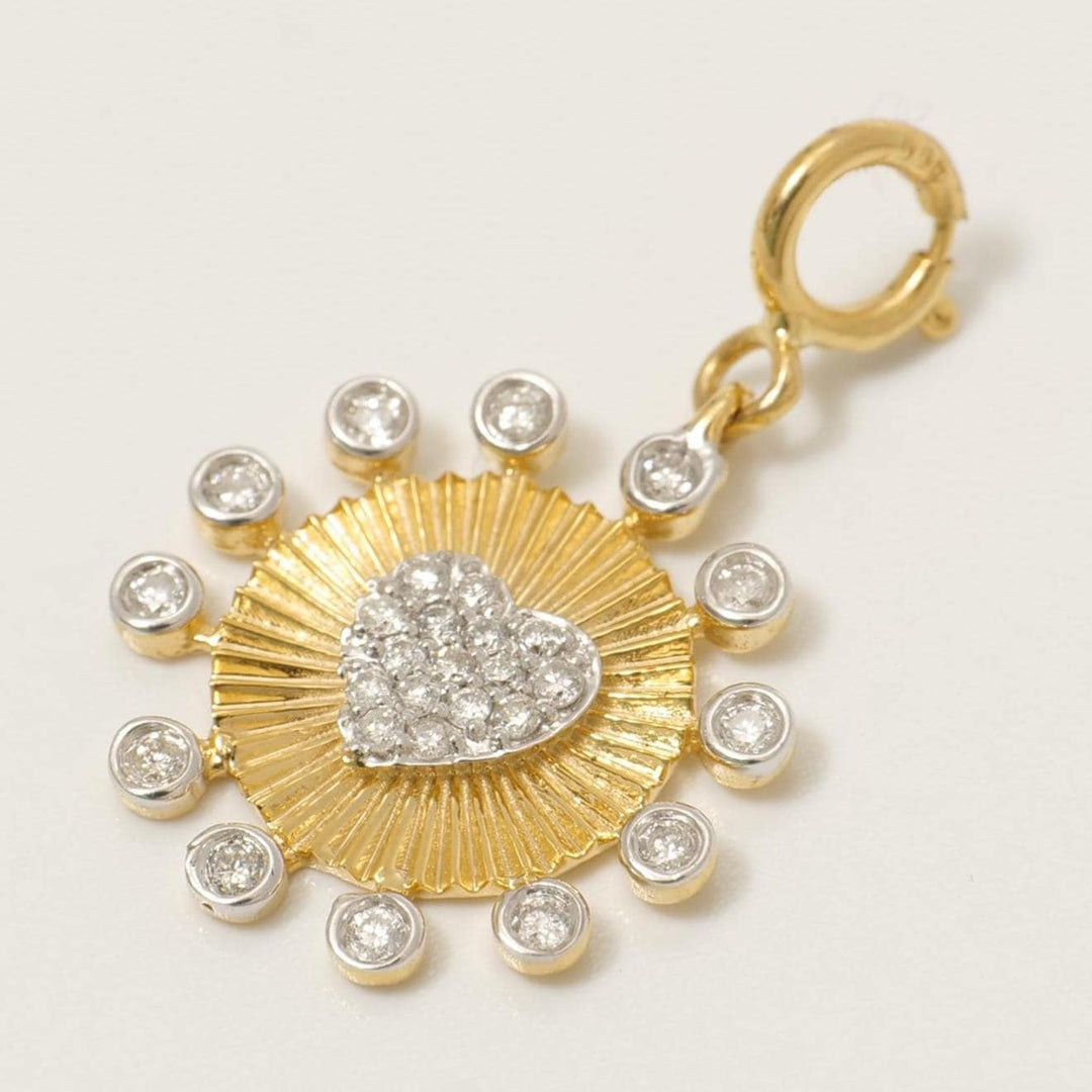 Heart Medallion Bezel  Natural Diamond Charm: 14k Solid Gold Two Tone Sunburst Layering Pendant, Certified Jewelry