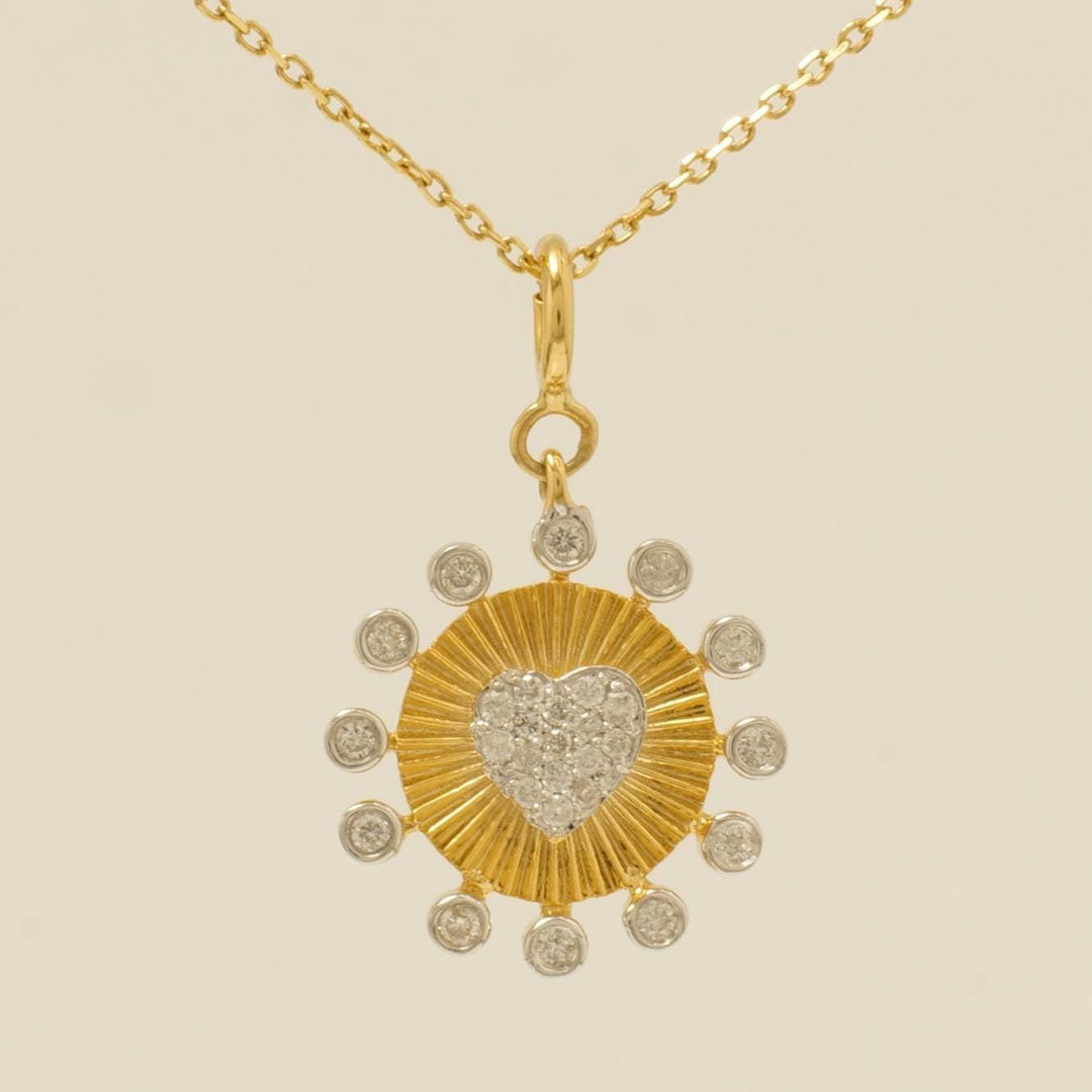 Heart Medallion Bezel Charm, 14k Solid Gold, Natural Diamond, Layering Pendant, Two Tone Sunburst Necklace, Ready To Ship, Certified Jewelry