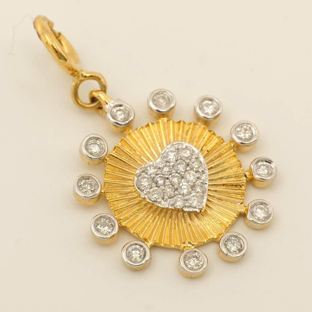 Heart Medallion Bezel Charm, 14k Solid Gold, Natural Diamond, Layering Pendant, Two Tone Sunburst Necklace, Ready To Ship, Certified Jewelry