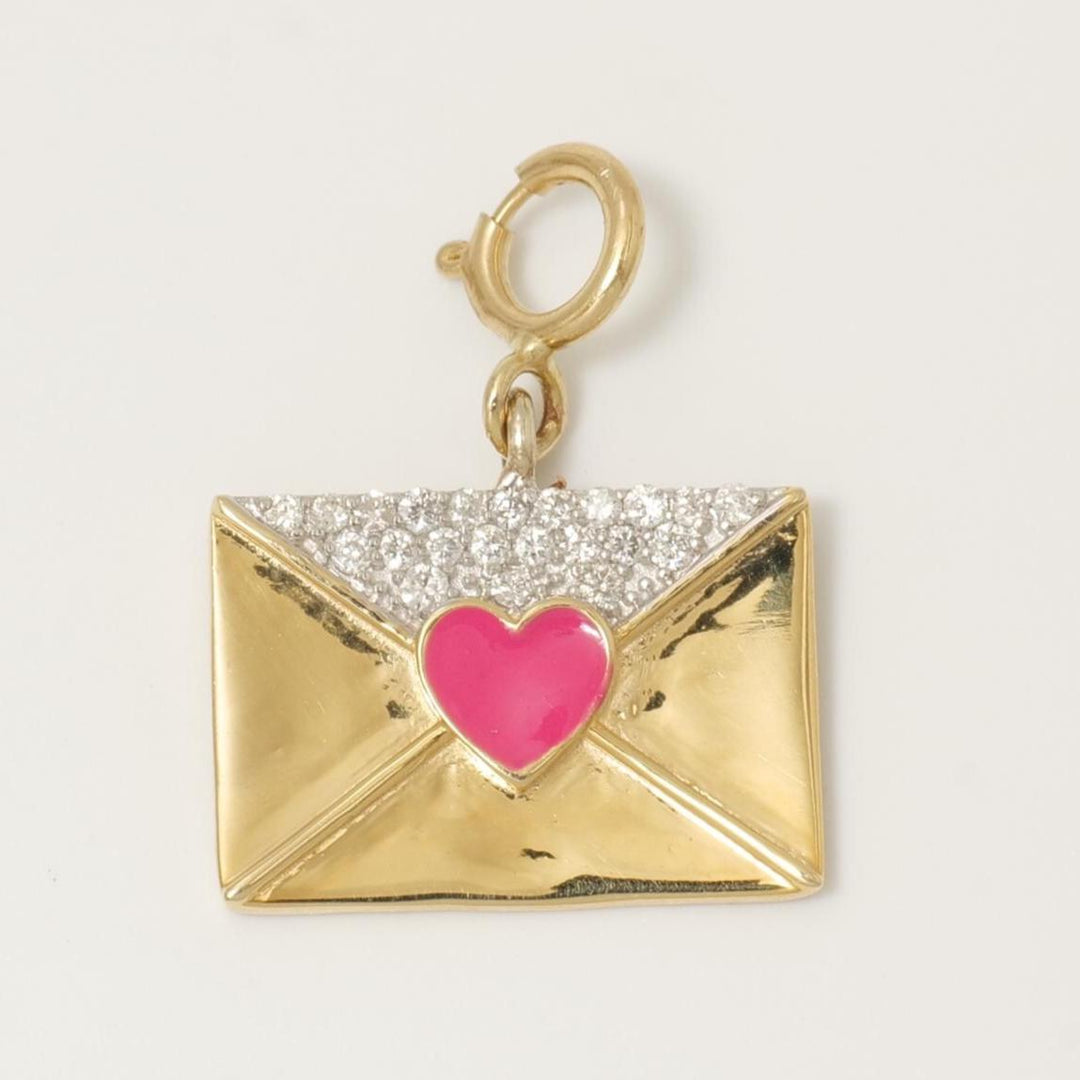 Envelope Heart Diamond Charm, 14k Solid Gold, Natural Diamond, Enamel Layering Pendant, Minimal Necklace, Ready To Ship, Certified Jewelry