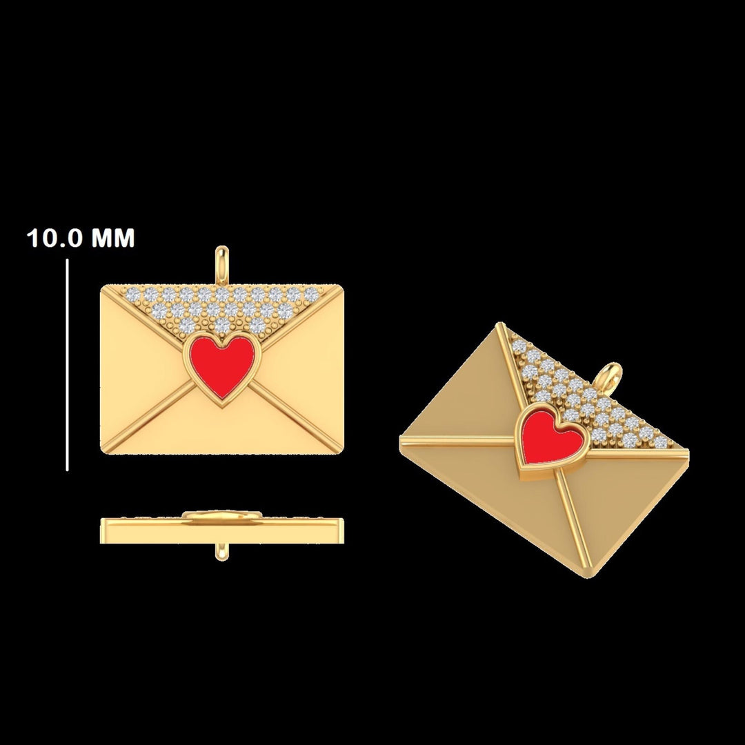 Envelope Heart Diamond Charm, 14k Solid Gold, Natural Diamond, Enamel Layering Pendant, Minimal Necklace, Ready To Ship, Certified Jewelry