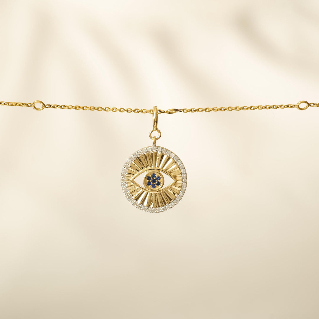 Evil Eye Sapphire Diamond Charm, 14k Solid Gold, Natural Diamonds, Layering Pendant, Medallion Necklace, Ready To Ship, Certified Jewelry