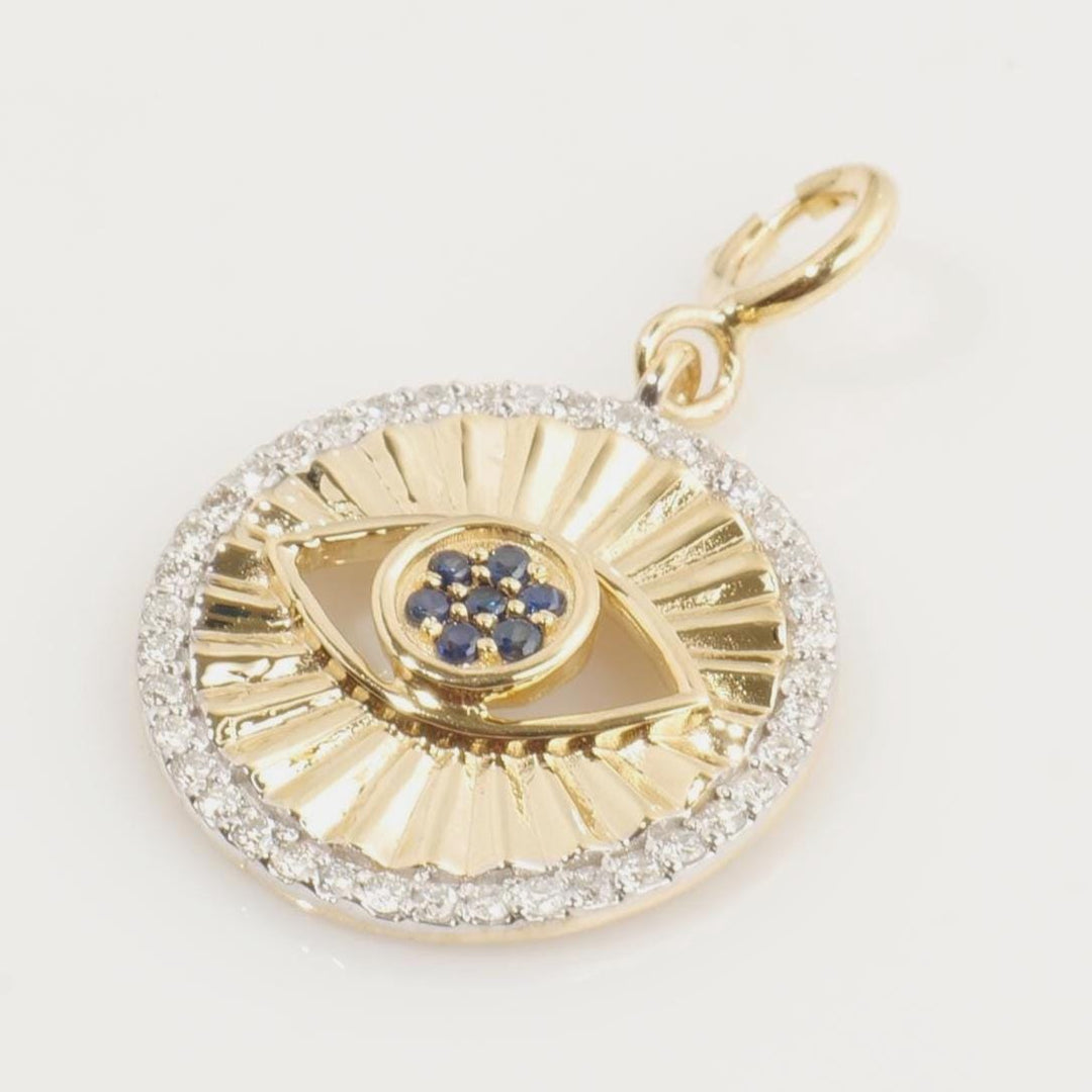 Evil Eye Sapphire Diamond Charm, 14k Solid Gold, Natural Diamonds, Layering Pendant, Medallion Necklace, Ready To Ship, Certified Jewelry