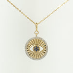 Load image into Gallery viewer, Evil Eye Sapphire Diamond Charm, 14k Solid Gold, Natural Diamonds, Layering Pendant, Medallion Necklace, Ready To Ship, Certified Jewelry

