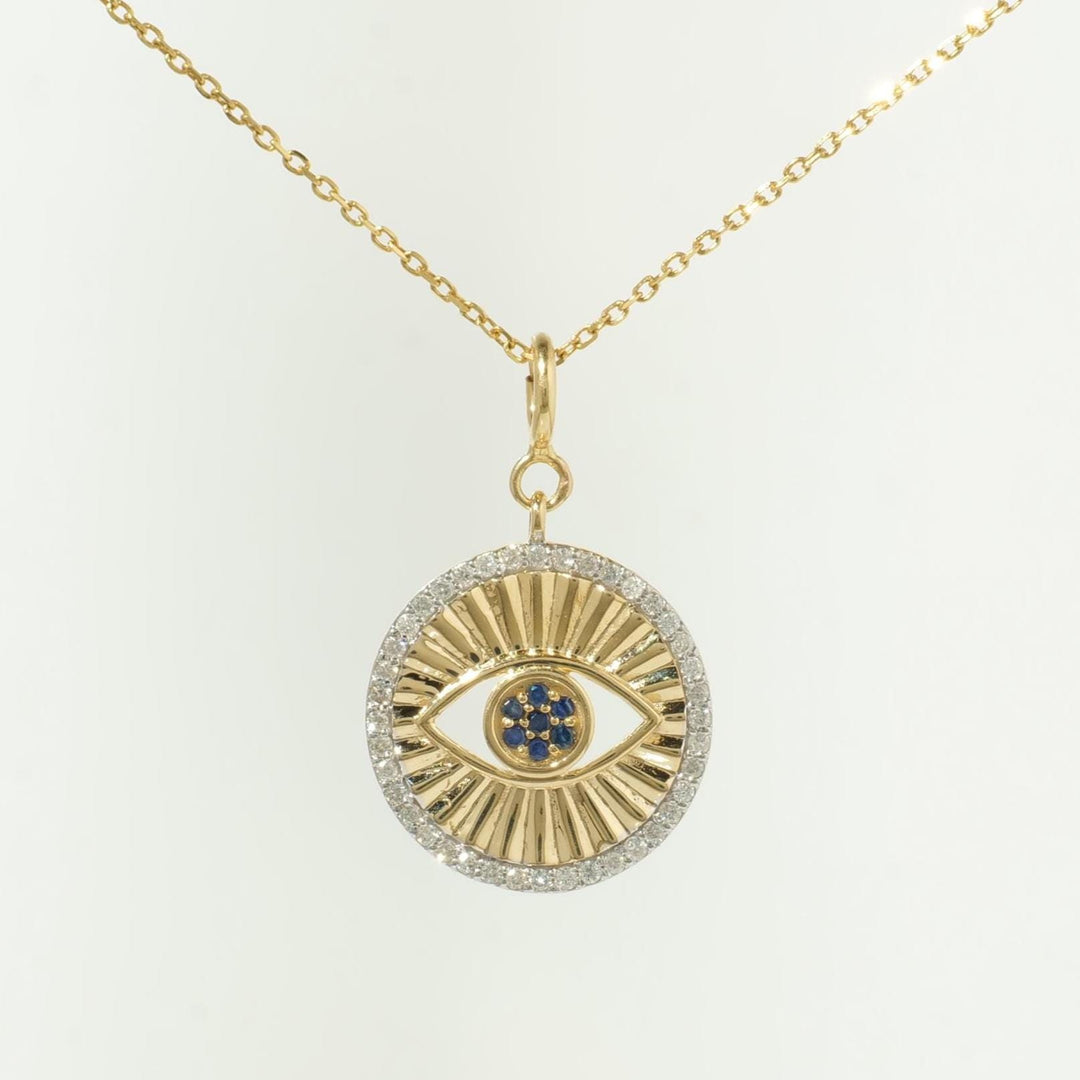 Evil Eye Sapphire Diamond Charm, 14k Solid Gold, Natural Diamonds, Layering Pendant, Medallion Necklace, Ready To Ship, Certified Jewelry