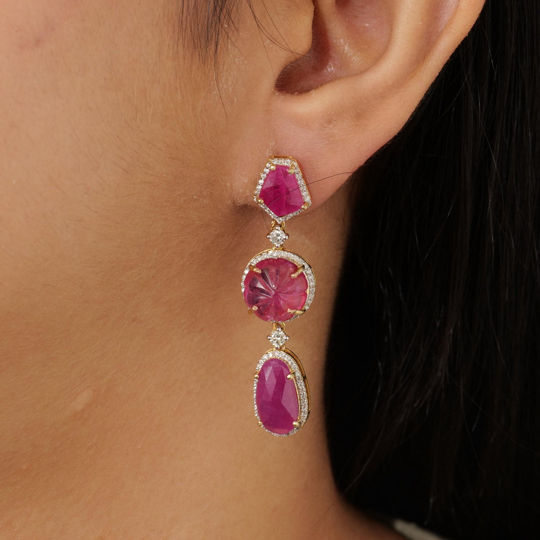 Ruby Tourmaline Diamond Dangle Earrings: 14k Solid Gold Statement Jewelry