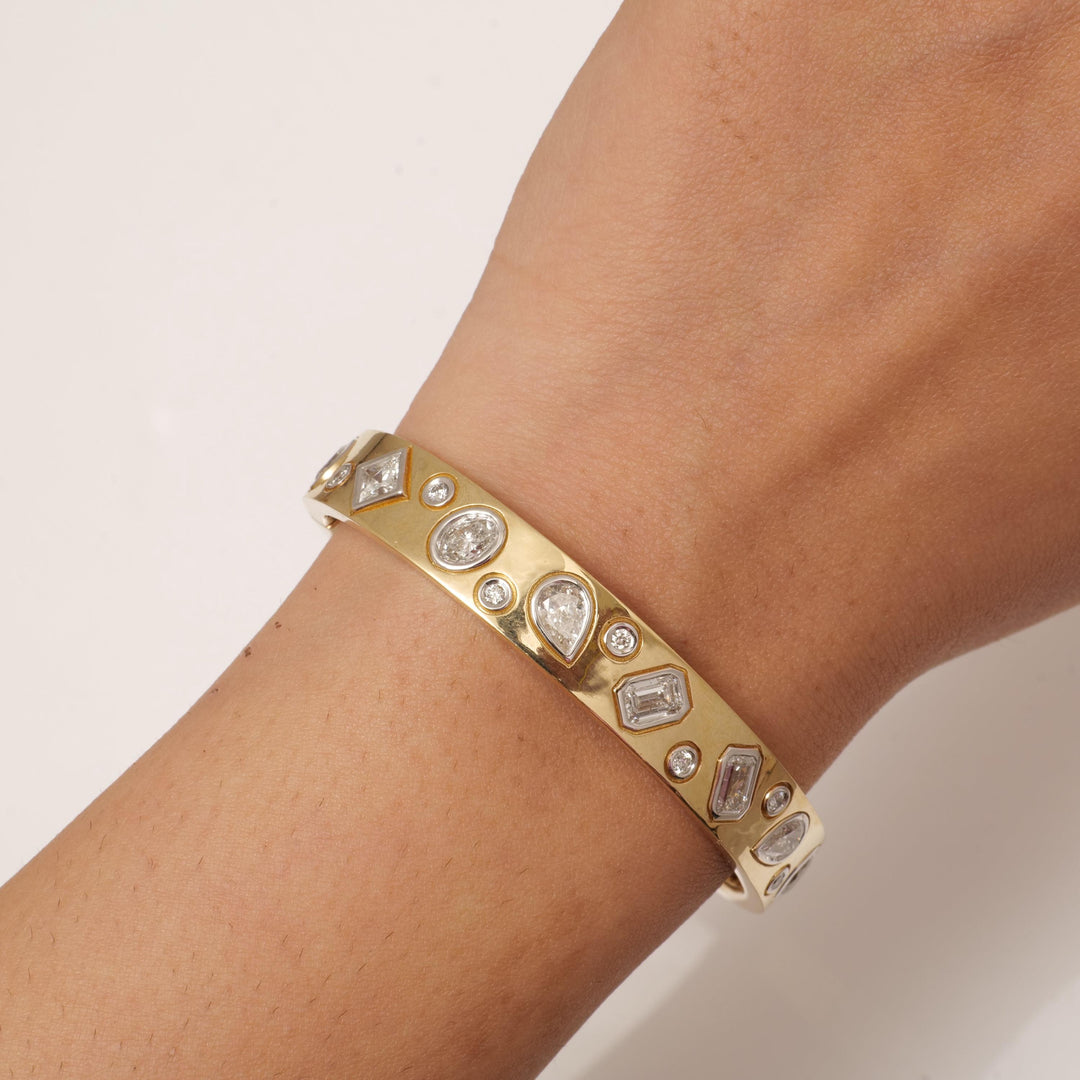 14k Gold Diamond Cuff Bracelet: Geometric Statement Bangle, Natural Diamonds