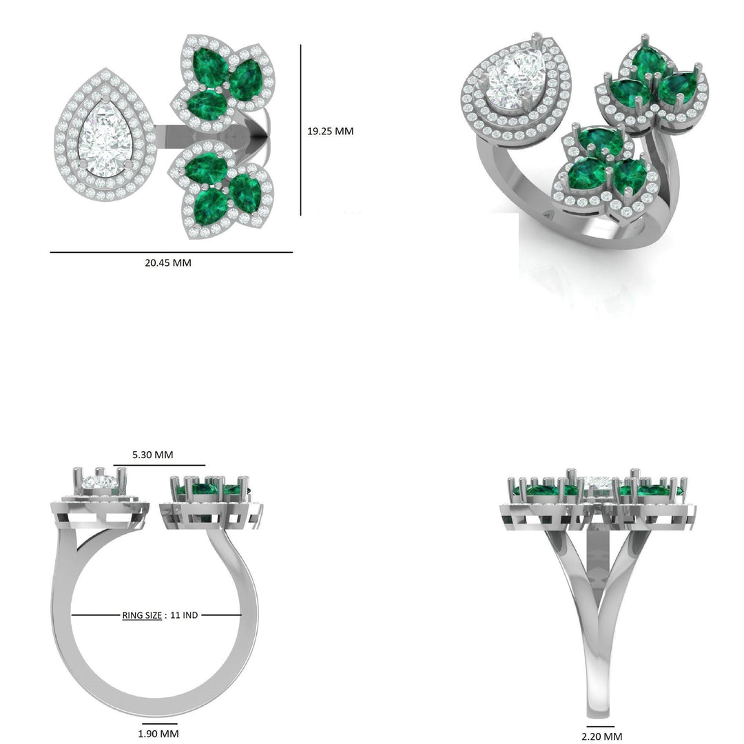 Emerald Pear Halo Diamond Ring: 14k Gold Open Cuff Cocktail Ring