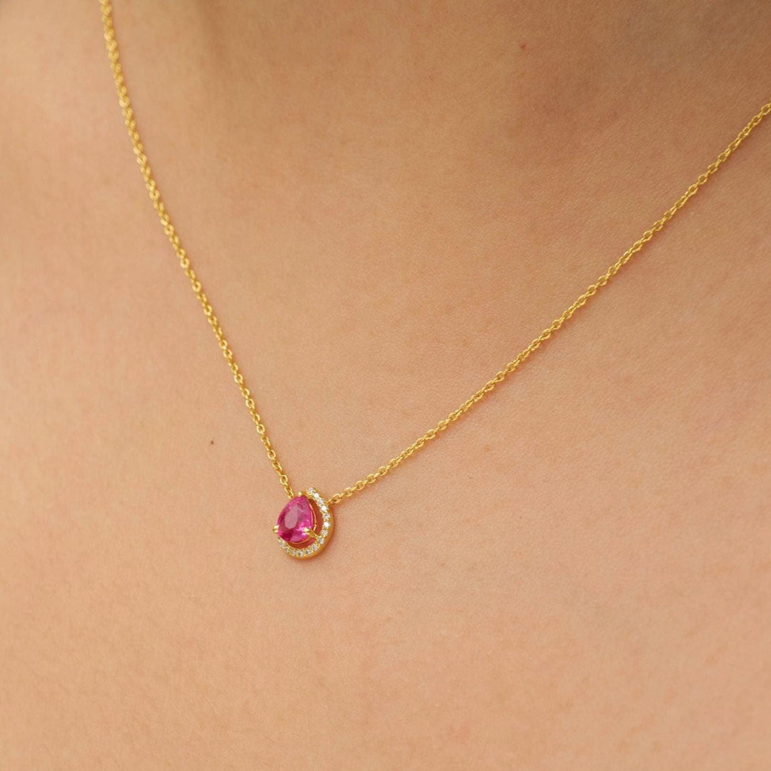 Pear Ruby Halo Diamond Necklace, 14k Solid Gold, Natural Diamonds, Minimalistic Layering Necklace, Everyday Pendant, Certified Jewelry