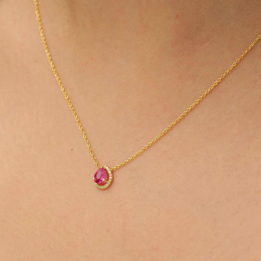 Pear Ruby Halo Diamond Necklace, 14k Solid Gold, Natural Diamonds, Minimalistic Layering Necklace, Everyday Pendant, Certified Jewelry