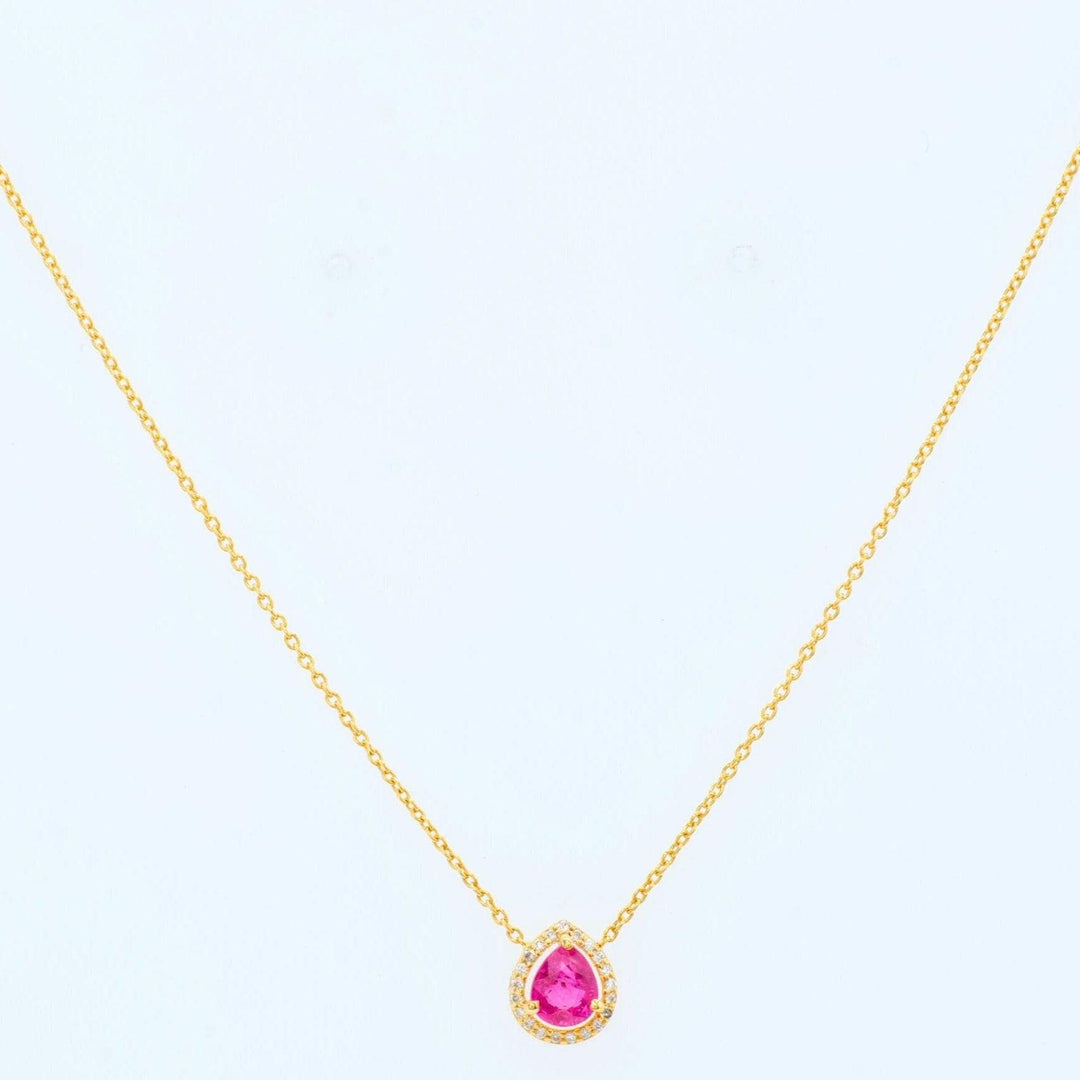 Pear Ruby Halo Diamond Necklace, 14k Solid Gold, Natural Diamonds, Minimalistic Layering Necklace, Everyday Pendant, Certified Jewelry