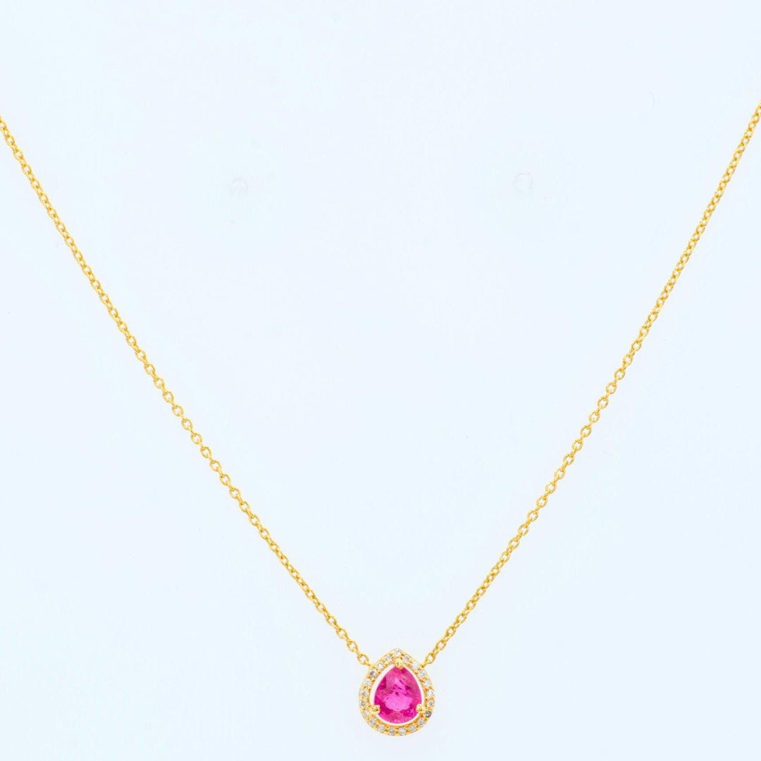 Pear Ruby Halo Diamond Necklace, 14k Solid Gold, Natural Diamonds, Minimalistic Layering Necklace, Everyday Pendant, Certified Jewelry