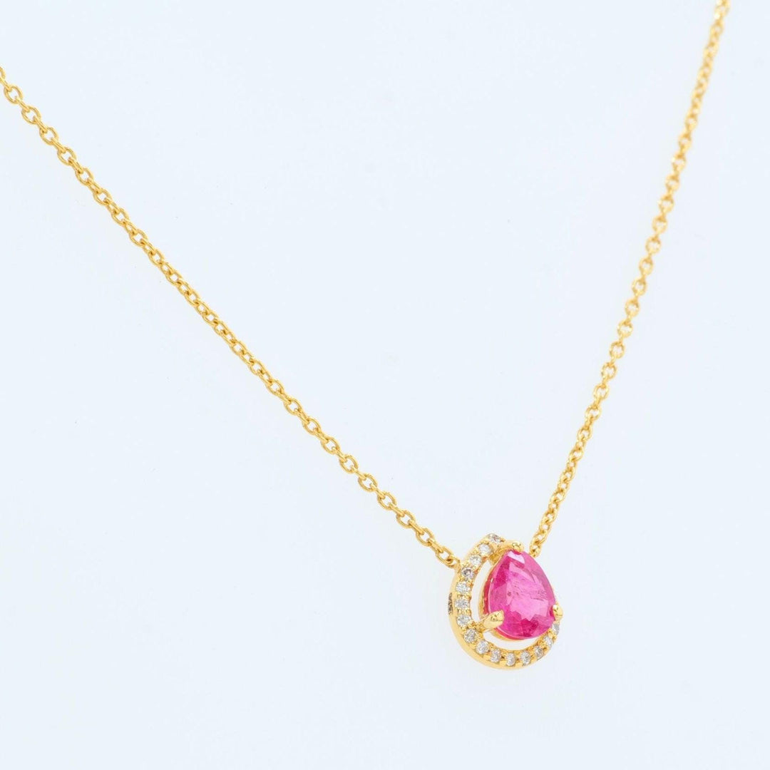 Pear Ruby Halo Diamond Necklace, 14k Solid Gold, Natural Diamonds, Minimalistic Layering Necklace, Everyday Pendant, Certified Jewelry