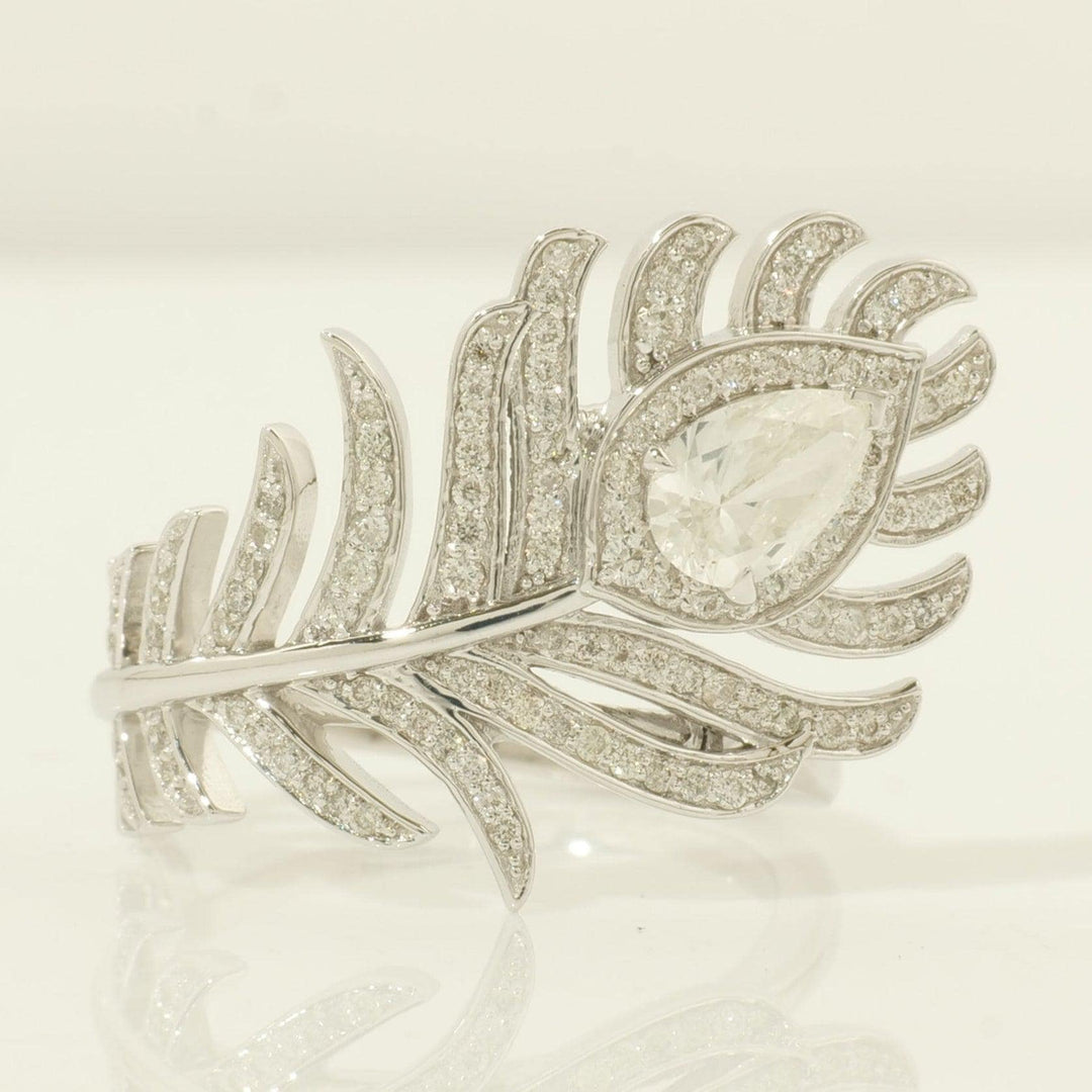 Peacock Feather Diamond Ring: 14k Gold Pear Halo Cocktail Jewelry