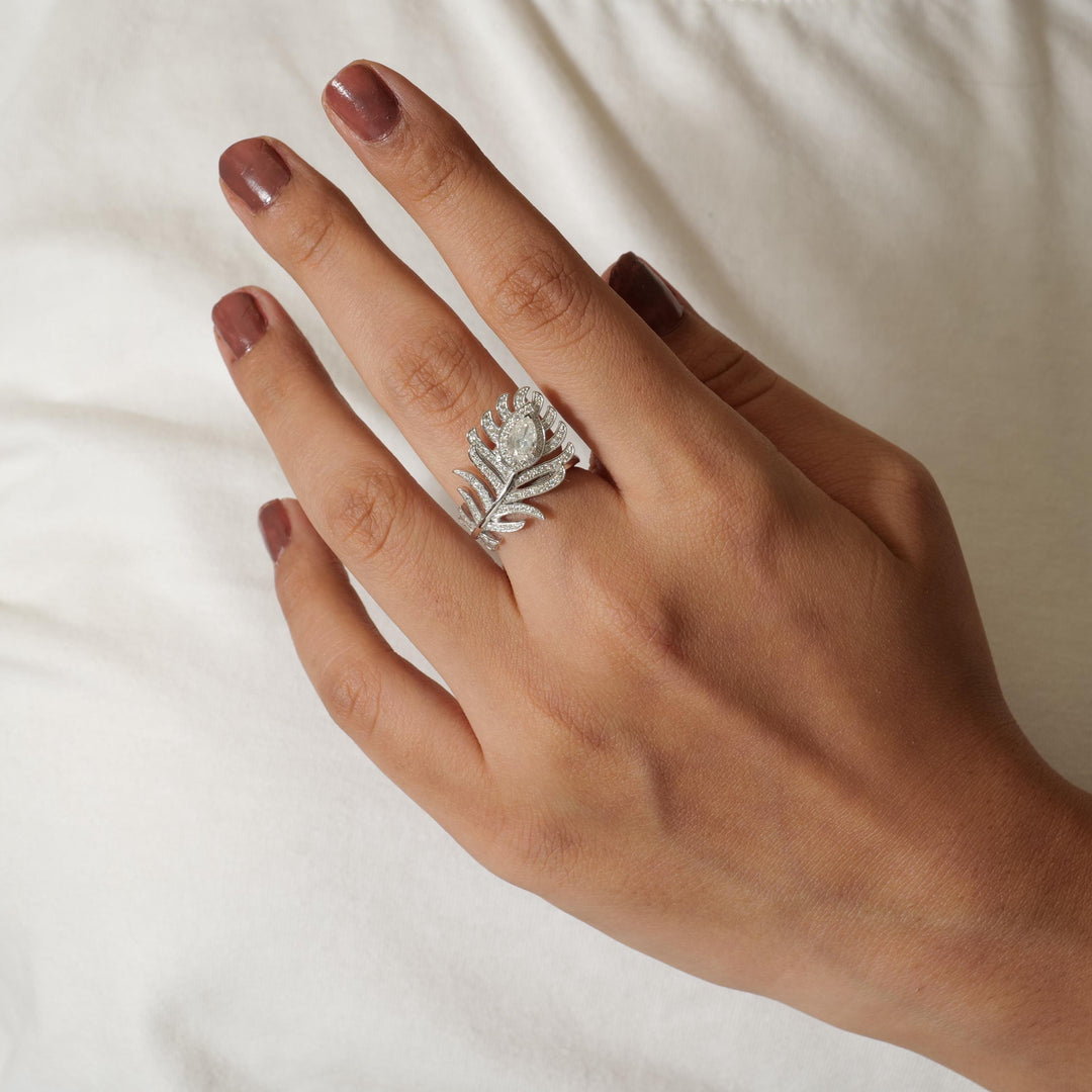 Peacock Feather Diamond Ring: 14k Gold Pear Halo Cocktail Jewelry