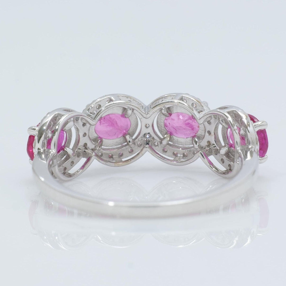 Oval Ruby Diamond Eternity Band Ring, 14k Solid Gold, Natural Diamonds, Halo Gemstone Stacking Ring, Wedding Band, Certified Jewelry