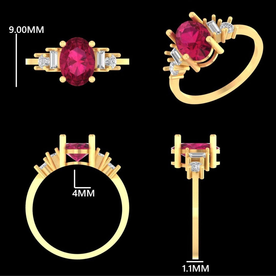 Oval Ruby Ring, 14k Solid Gold, Natural Diamonds, Baguette Accent Bar Band, Gemstone Statement Engagement Ring, Certified Jewelry