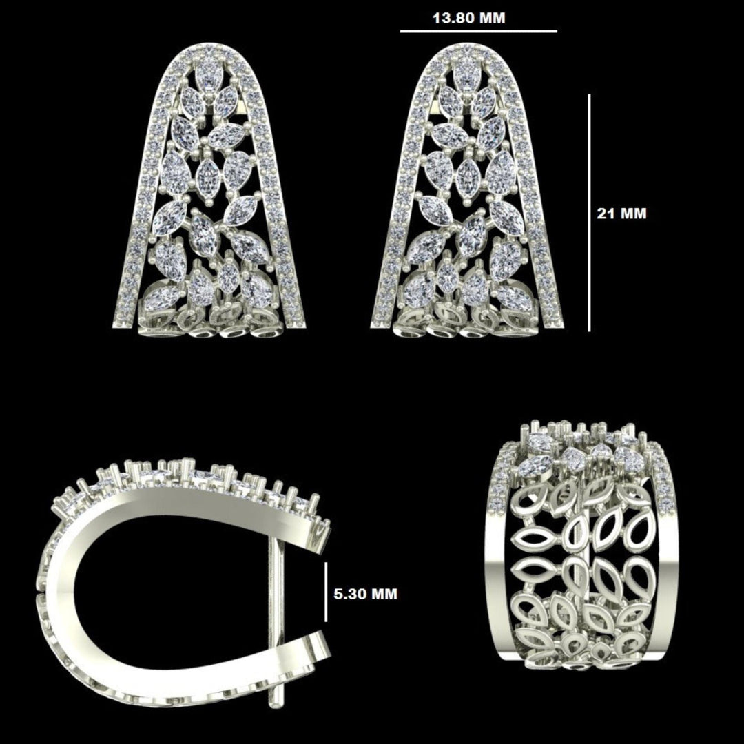 Floral Trapeze Diamond Earrings, 14k Solid Gold, Natural Diamonds, Wide Leaf Huggies, Statement Cocktail Jewelry, Certified Jewelry