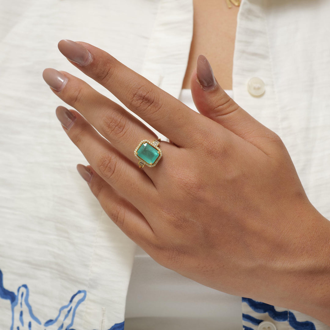 Emerald Cut Halo Diamond Ring, 14k Solid Gold, Natural Diamonds, Gemstone Statement Ring, Baguette Accent Ring, Certified Jewelry