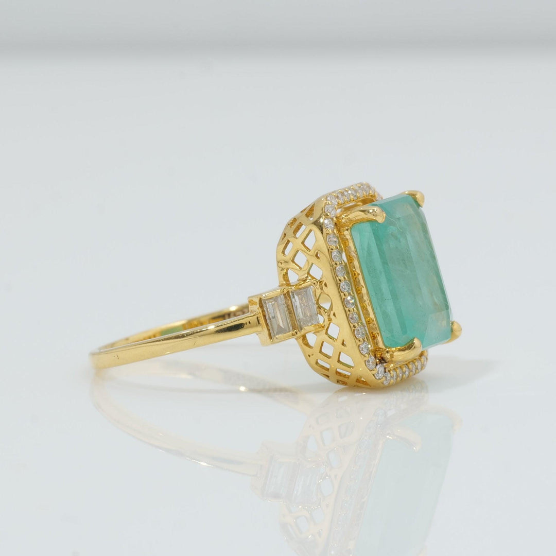 Emerald Cut Halo Diamond Ring, 14k Solid Gold, Natural Diamonds, Gemstone Statement Ring, Baguette Accent Ring, Certified Jewelry