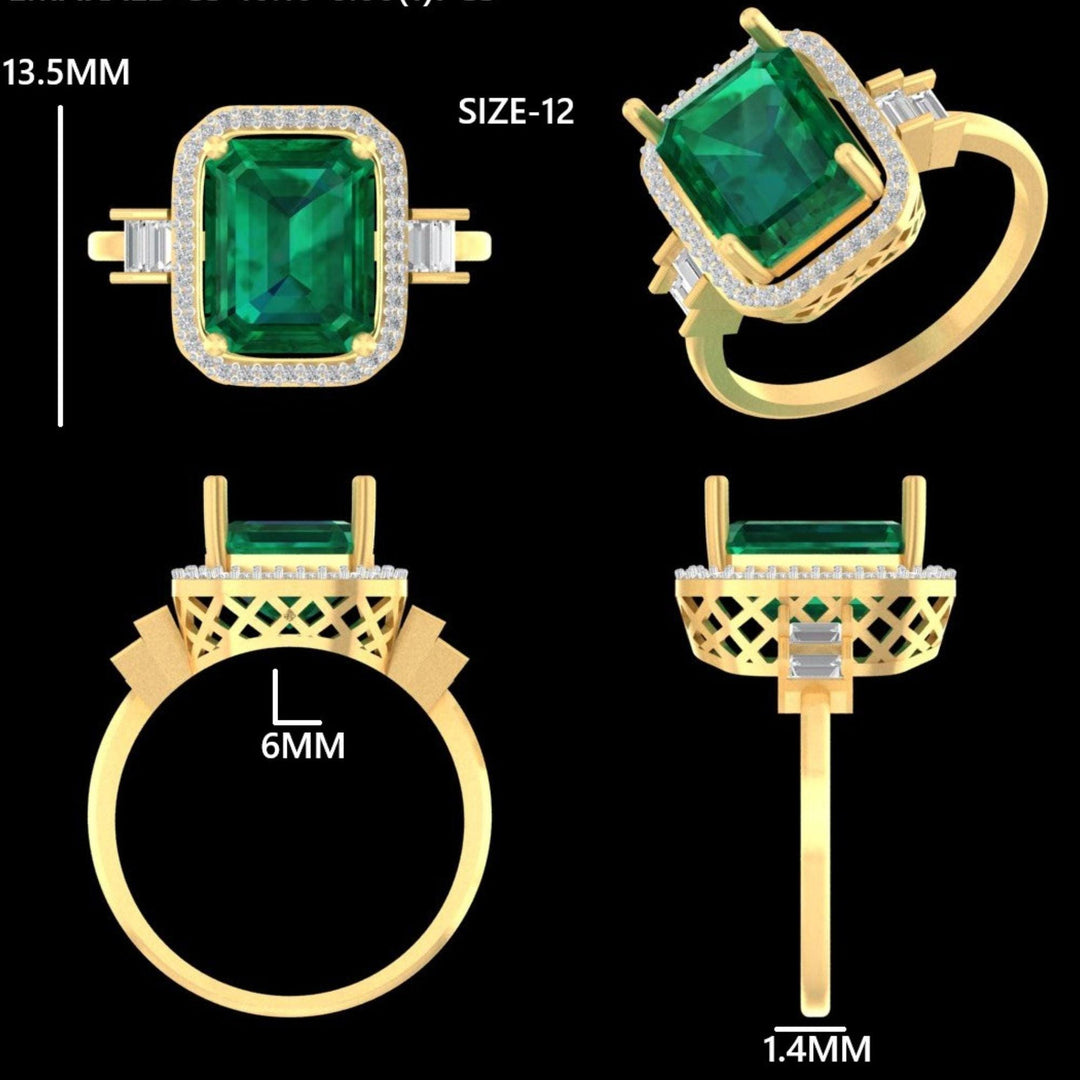 Emerald Cut Halo Diamond Ring, 14k Solid Gold, Natural Diamonds, Gemstone Statement Ring, Baguette Accent Ring, Certified Jewelry
