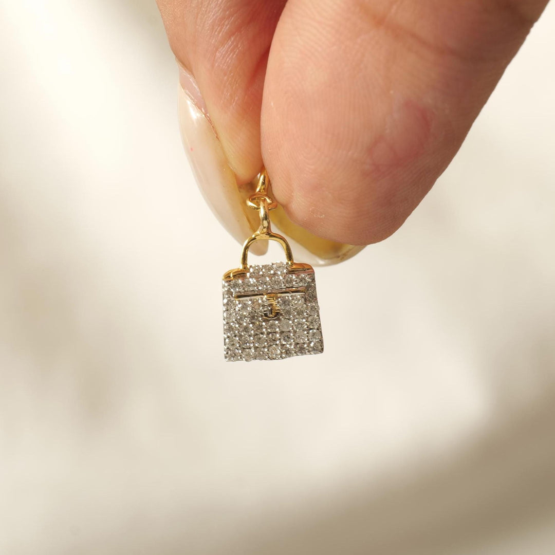 Handbag Diamond Charm, 14k Solid Gold, Natural Diamonds, Two Tone Layering Pendant, Minimal Bag Necklace, Ready To Ship, Certified Jewelry