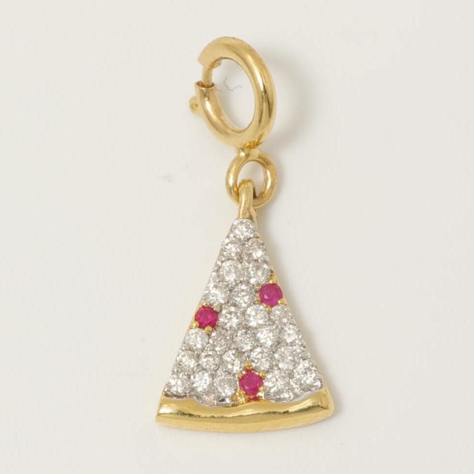 Pizza Slice Ruby Diamond Charm, 14k Solid Gold, Natural Diamonds, Food Layering pendant, Everyday Necklace, Ready To Ship, Certified Jewelry