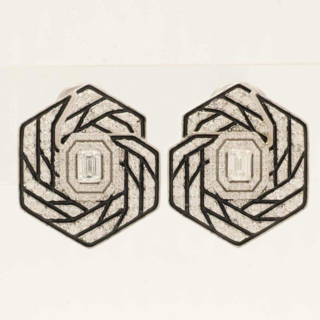 14k Gold Hexagon Diamond Stud Earrings: Emerald Cut Halo, Enamel Accent