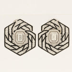 Load image into Gallery viewer, 14k Gold Hexagon Diamond Stud Earrings: Emerald Cut Halo, Enamel Accent
