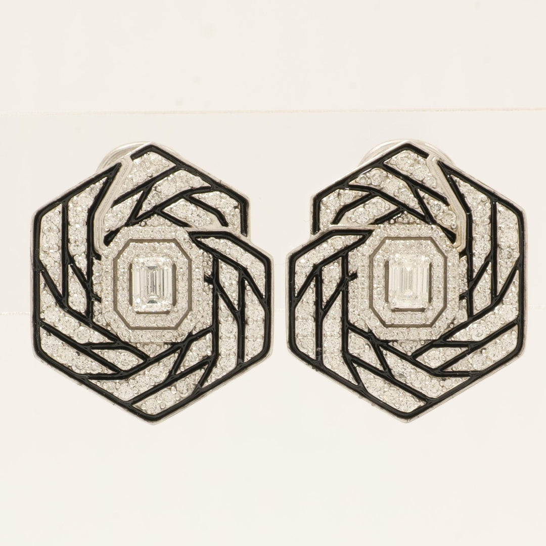 14k Gold Hexagon Diamond Stud Earrings: Emerald Cut Halo, Enamel Accent