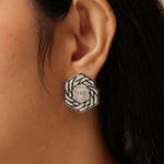 Load image into Gallery viewer, 14k Gold Hexagon Diamond Stud Earrings: Emerald Cut Halo, Enamel Accent
