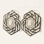 Load image into Gallery viewer, 14k Gold Hexagon Diamond Stud Earrings: Emerald Cut Halo, Enamel Accent
