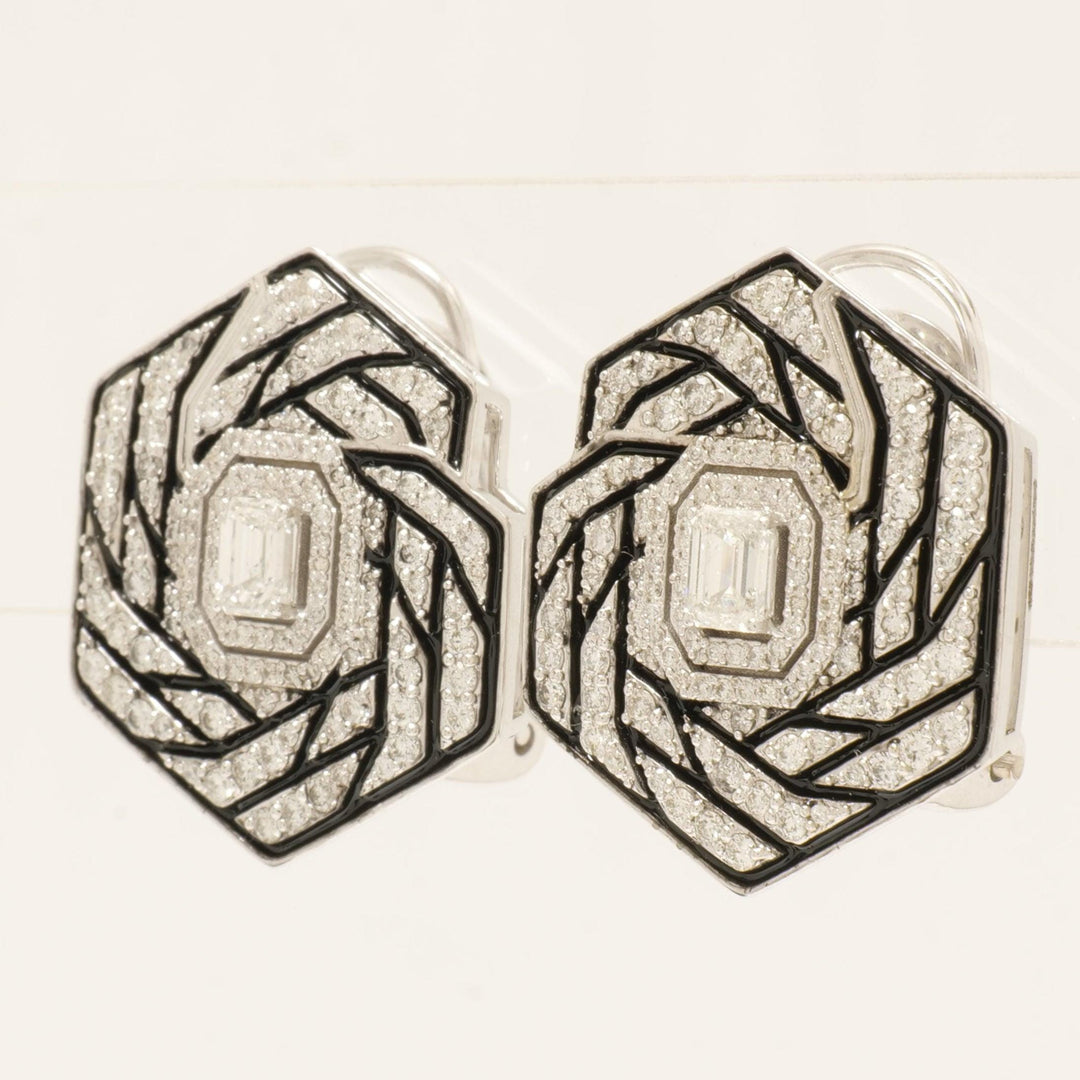 14k Gold Hexagon Diamond Stud Earrings: Emerald Cut Halo, Enamel Accent