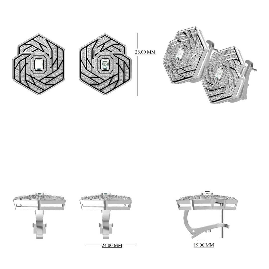 14k Gold Hexagon Diamond Stud Earrings: Emerald Cut Halo, Enamel Accent