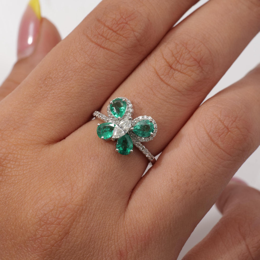 Butterfly Emerald Diamond Ring: 14k Gold Gemstone Statement Jewelry