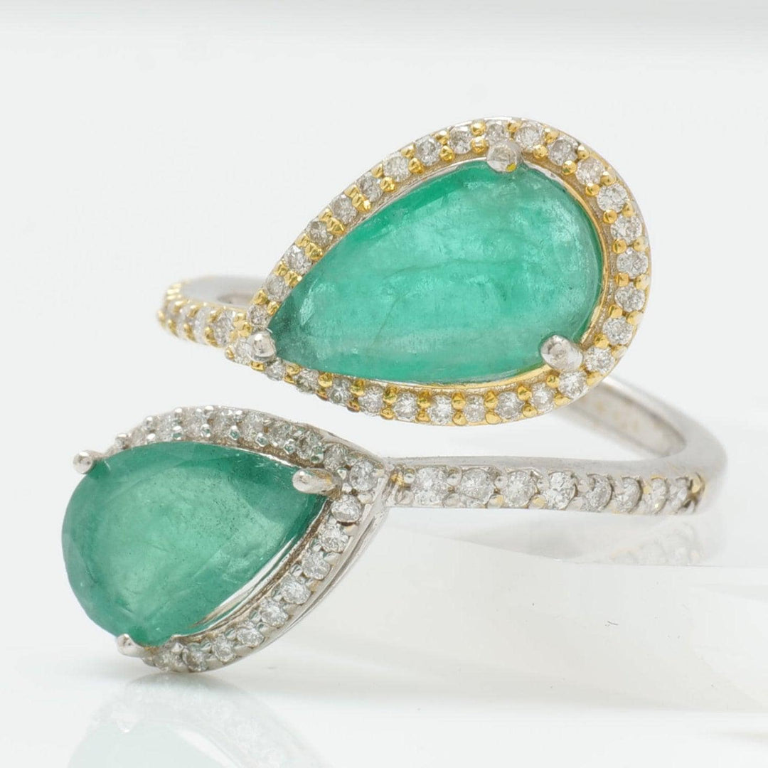 Emerald Halo Diamond Bypass Ring, 14k Solid Gold, Natural Diamonds, Pear Gemstone Wrap Band, Statement Cocktail Jewelry, Certified Jewelry