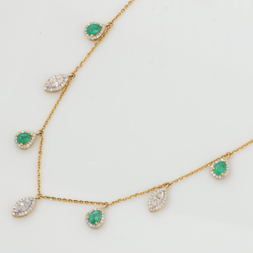 Emerald Diamond Halo Drop Necklace: 14k Gold Gemstone Station Chain