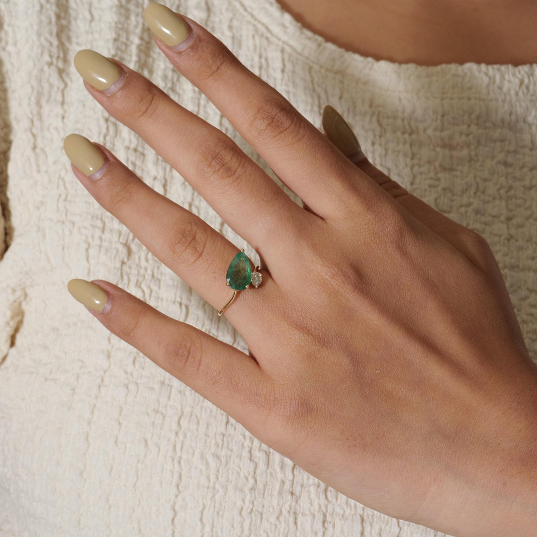 Pear Emerald & Diamond Bypass Ring: 14k Solid Gold Certified Jewelry