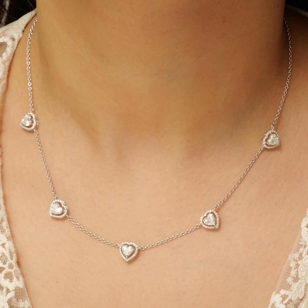 Heart Diamond Station Necklace, 14k Solid Gold, Natural Diamonds, Halo Love Jewelry, Layering Minimalist Chain, Certified Jewelry