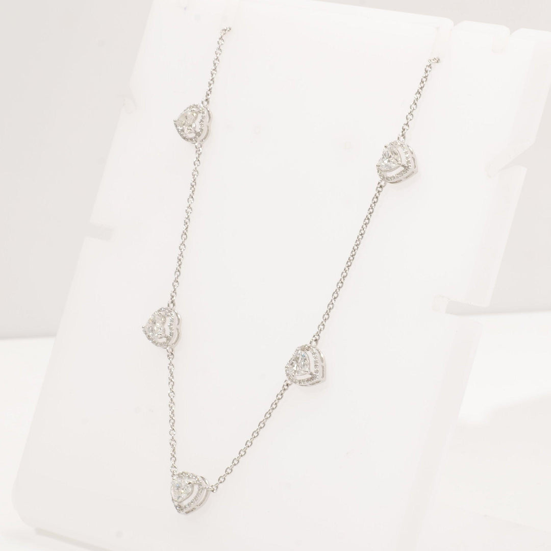 Heart Diamond Station Necklace, 14k Solid Gold, Natural Diamonds, Halo Love Jewelry, Layering Minimalist Chain, Certified Jewelry