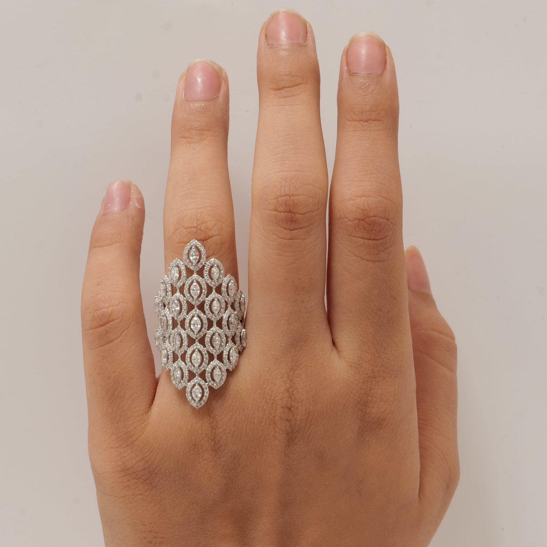14k Solid Gold Marquise Natural Diamond Lattice Ring: Wide Halo Cocktail Jewellery, Certified Jewelry