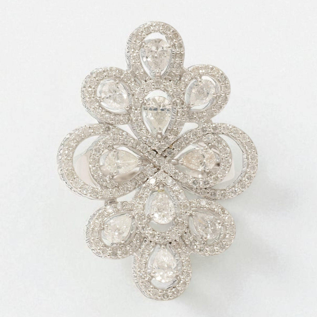Floral Pear Halo Natural Diamond Ring: 14k Solid Gold Statement Cocktail Jewellery, Certified Jewelry