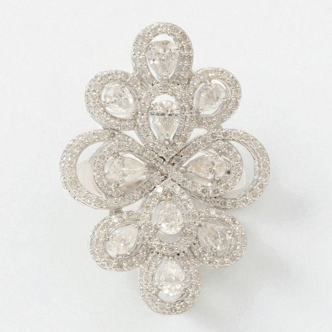 Floral Pear Halo Natural Diamond Ring: 14k Solid Gold Statement Cocktail Jewellery, Certified Jewelry