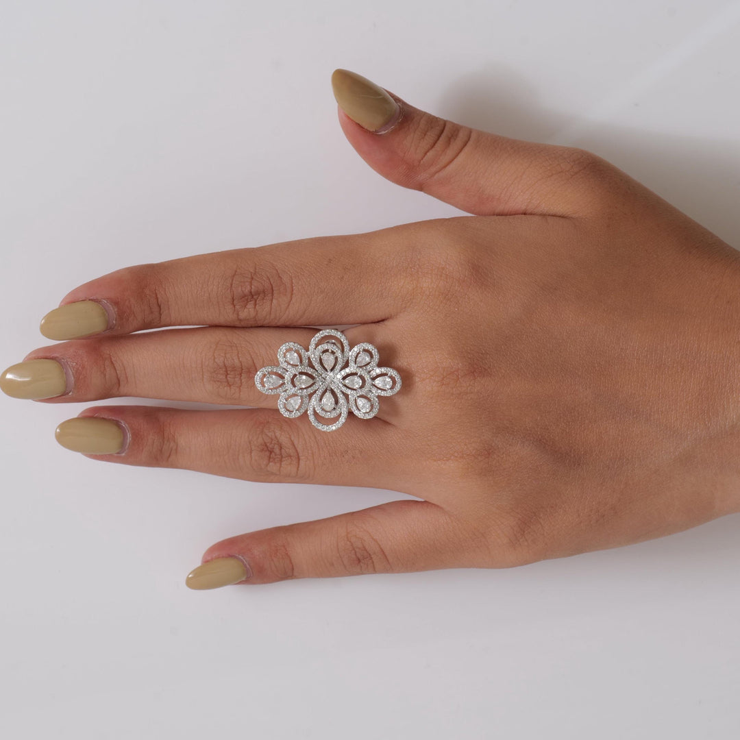 Floral Pear Halo Natural Diamond Ring: 14k Solid Gold Statement Cocktail Jewellery, Certified Jewelry