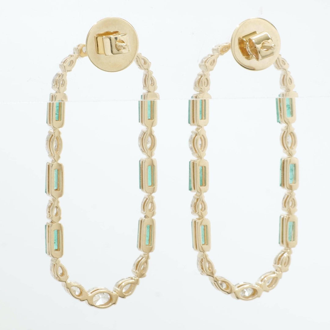 Emerald Diamond Long Stud Earrings, 14k Solid Gold, Natural Diamonds, Mixed Oval Hoops, Green Gemstone Statement Jewelry, Certified Jewelry