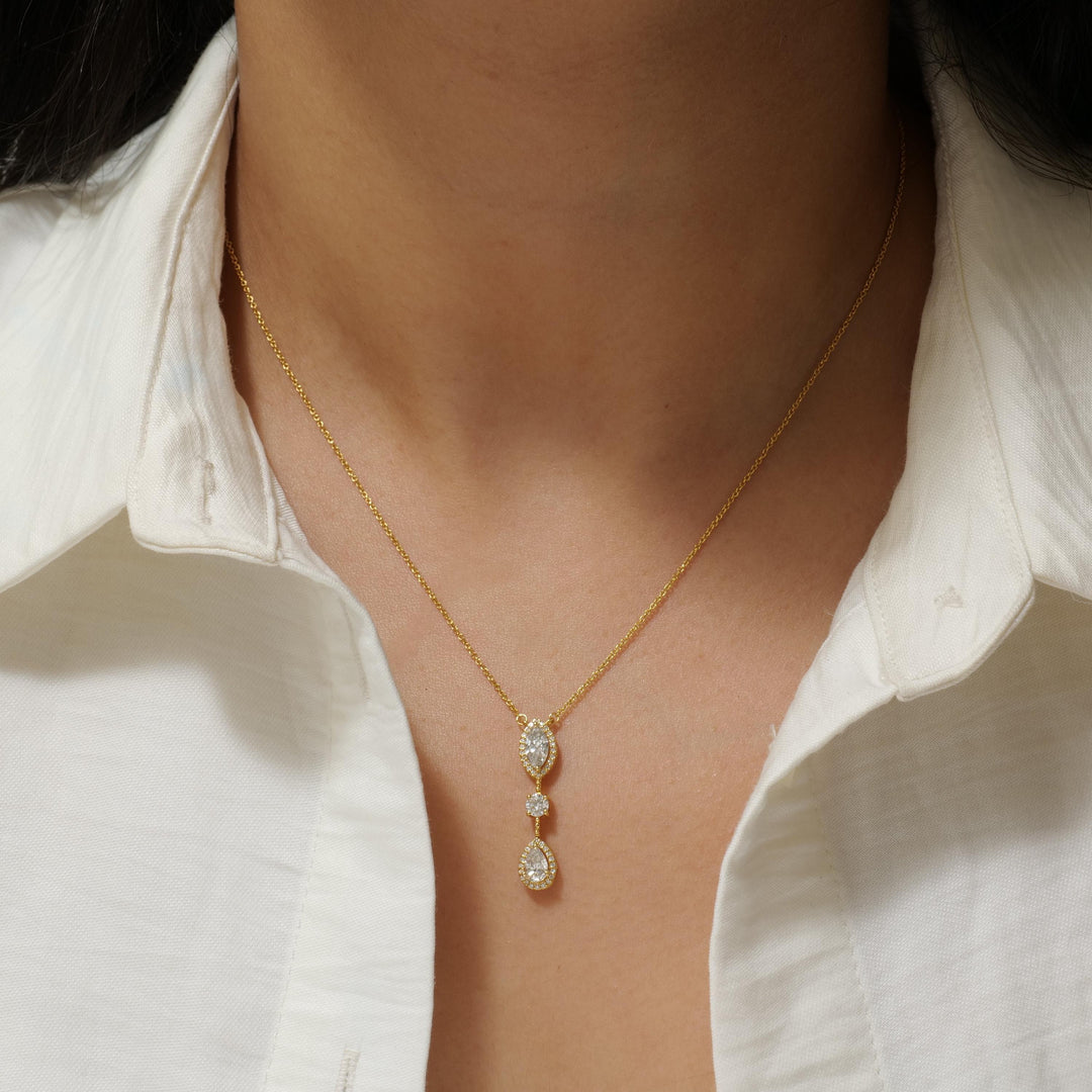 Three Stone Halo Diamond Necklace, 14k Solid Gold, Fancy Natural Diamonds, Layering Bridal Jewelry, Statement Necklace, Certified Jewelry