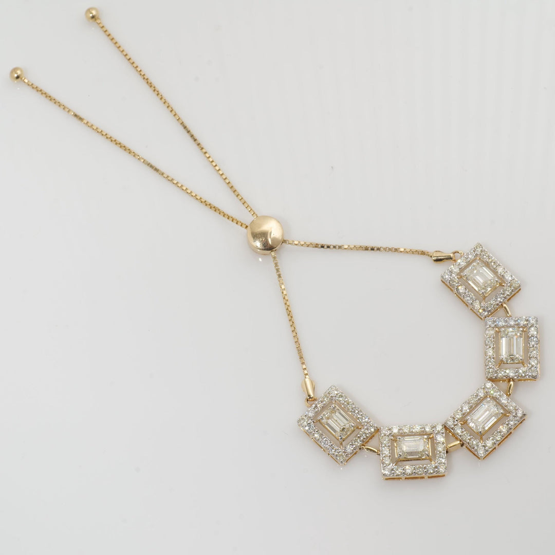 Emerald Cut Halo Natural Diamond Bolo Bracelet: 14k Solid Gold Adjustable Chain, Certified Jewelry